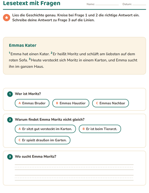 Vorschau: Leseverständnis-Arbeitsblatt für 2. Klasse