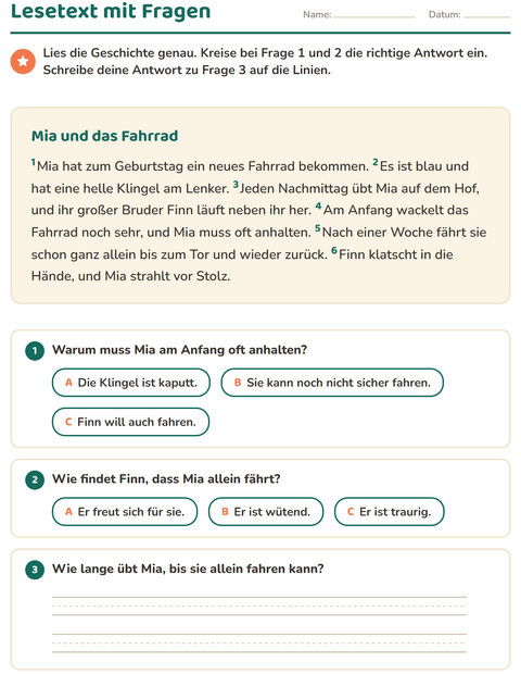 Vorschau: Leseverständnis-Arbeitsblatt für 2. Klasse