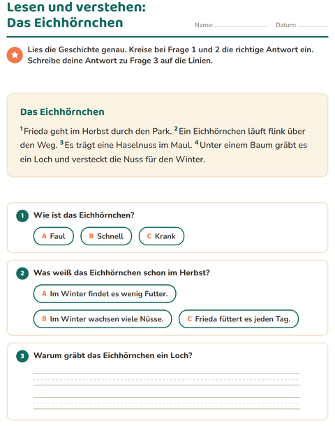 Vorschau: Leseverständnis-Arbeitsblatt für 2. Klasse