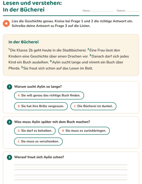 Vorschau: Leseverständnis-Arbeitsblatt für 2. Klasse
