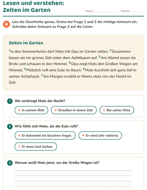 Vorschau: Leseverständnis-Arbeitsblatt für 2. Klasse