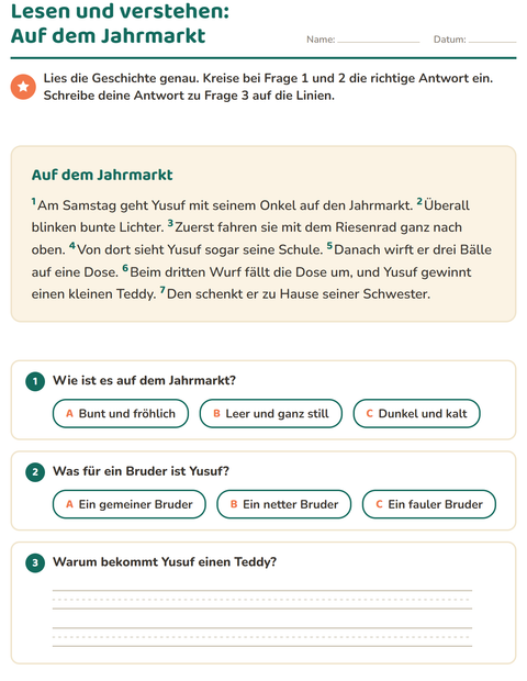 Vorschau: Leseverständnis-Arbeitsblatt für 2. Klasse