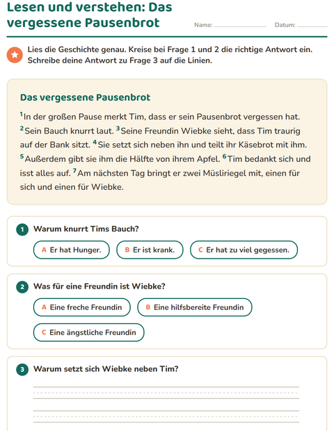 Vorschau: Leseverständnis-Arbeitsblatt für 2. Klasse
