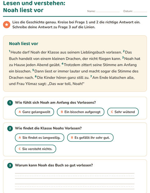 Vorschau: Leseverständnis-Arbeitsblatt für 2. Klasse