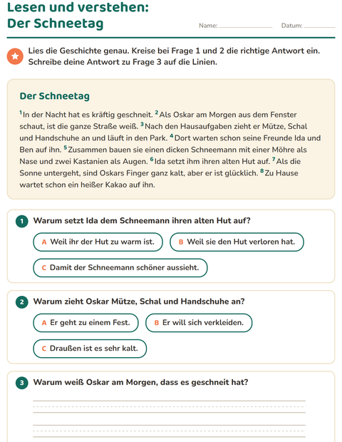 Vorschau: Leseverständnis-Arbeitsblatt für 2. Klasse