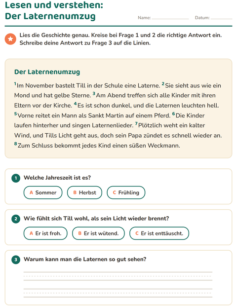 Vorschau: Leseverständnis-Arbeitsblatt für 2. Klasse
