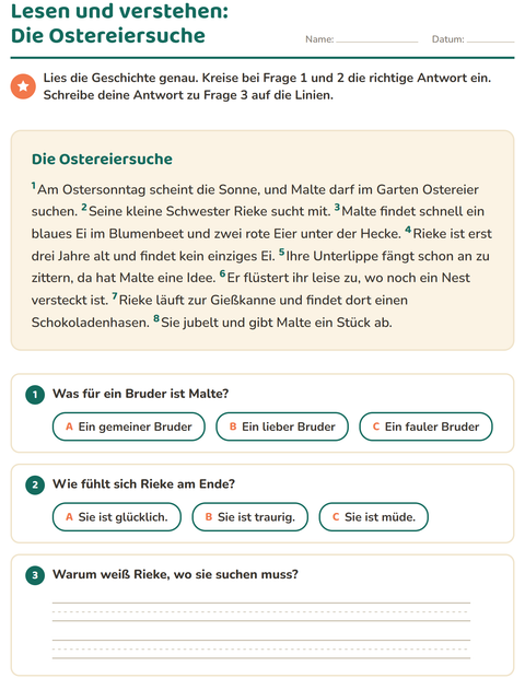 Vorschau: Leseverständnis-Arbeitsblatt für 2. Klasse
