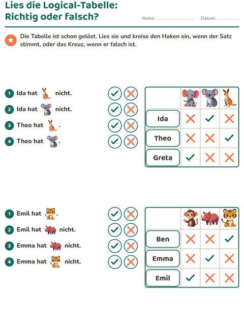 Vorschau: Logicals-Arbeitsblatt mit Zootiere für 2. Klasse