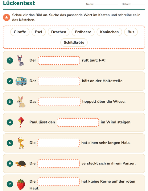 Vorschau: Lückentext-Arbeitsblatt für 1. Klasse