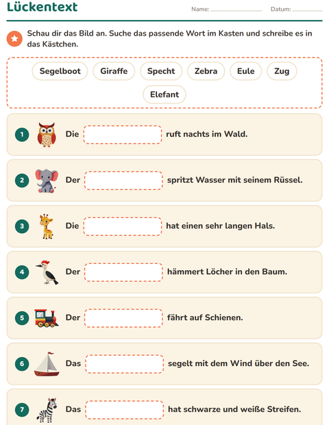 Vorschau: Lückentext-Arbeitsblatt für 1. Klasse