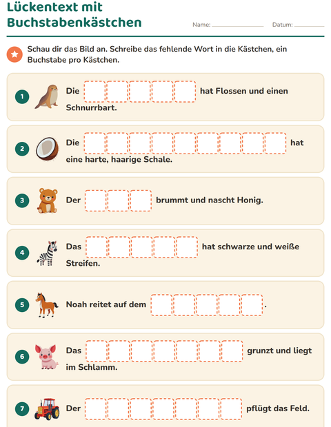 Vorschau: Lückentext-Arbeitsblatt für 1. Klasse