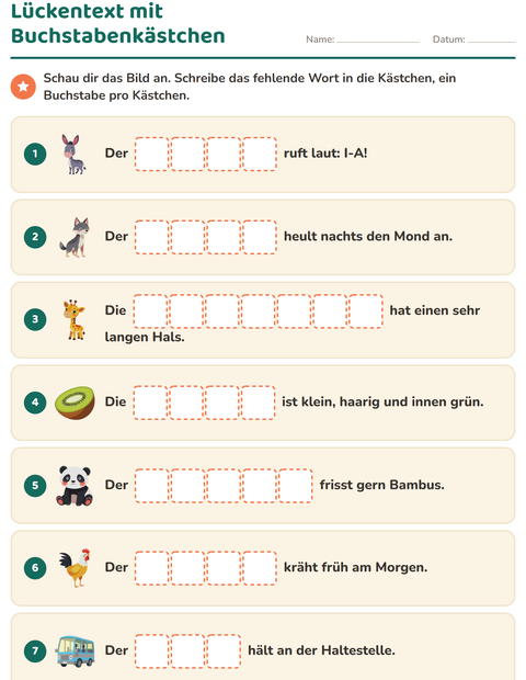 Vorschau: Lückentext-Arbeitsblatt für 1. Klasse