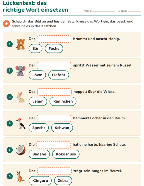 Vorschau: Lückentext-Arbeitsblatt für 1. Klasse