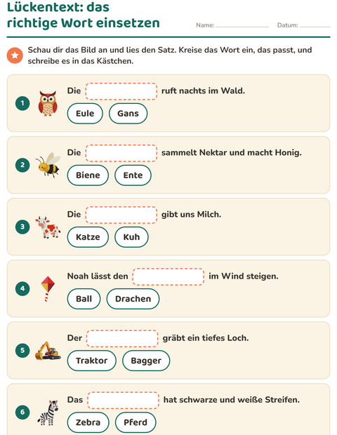 Vorschau: Lückentext-Arbeitsblatt für 1. Klasse