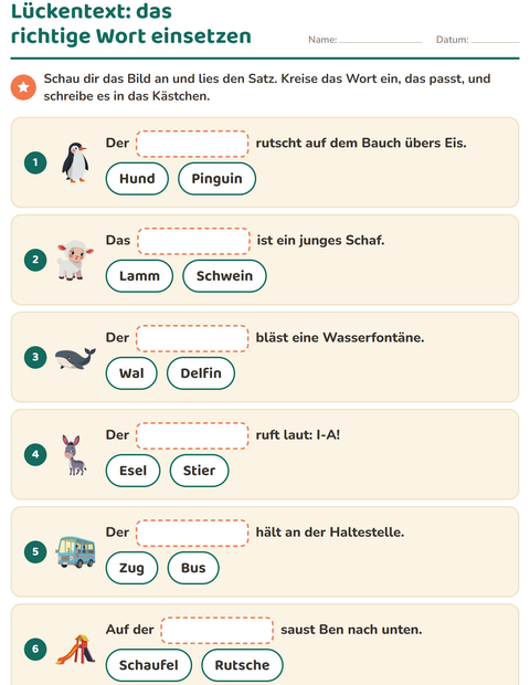 Vorschau: Lückentext-Arbeitsblatt für 1. Klasse