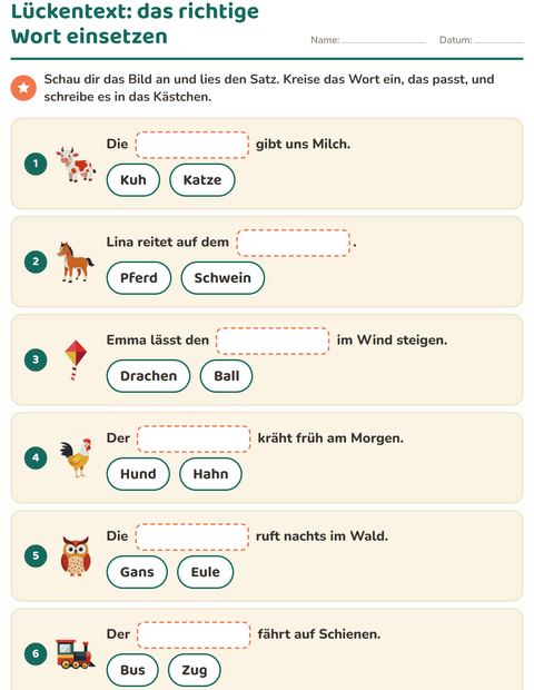 Lückentext: zwischen zwei Wörtern entscheiden