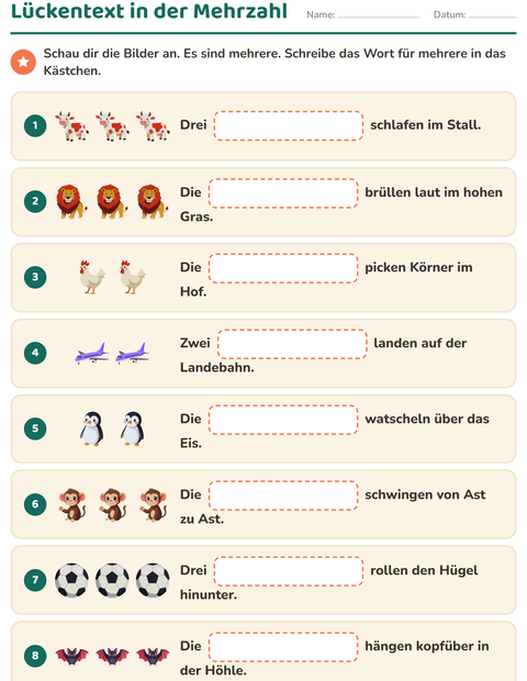 Lückentext in der Mehrzahl: acht Pluralformen schreiben