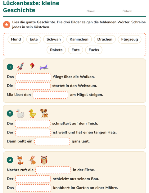 Drei Bilder, drei Sätze: Lückentexte mit neun Lücken