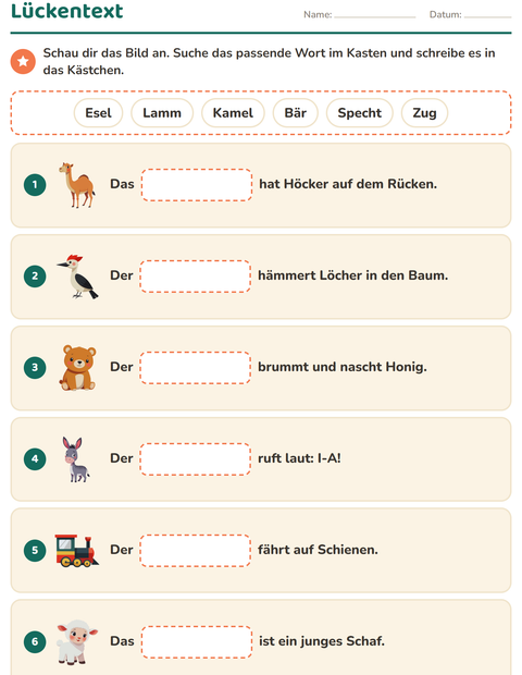 Vorschau: Lückentext-Arbeitsblatt für 1. Klasse