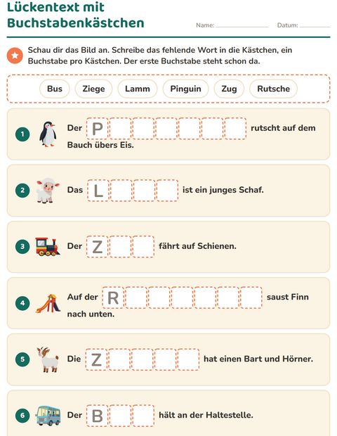 Vorschau: Lückentext-Arbeitsblatt für 1. Klasse