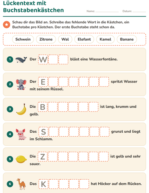 Vorschau: Lückentext-Arbeitsblatt für 1. Klasse