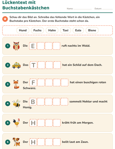 Vorschau: Lückentext-Arbeitsblatt für 1. Klasse
