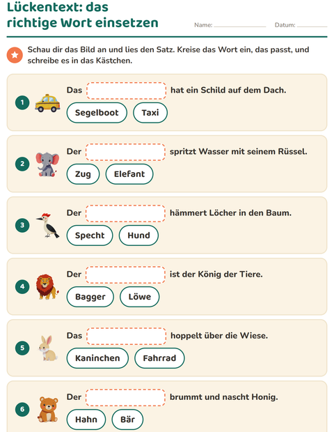 Vorschau: Lückentext-Arbeitsblatt für 1. Klasse