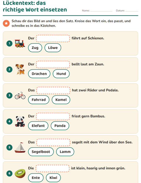 Vorschau: Lückentext-Arbeitsblatt für 1. Klasse