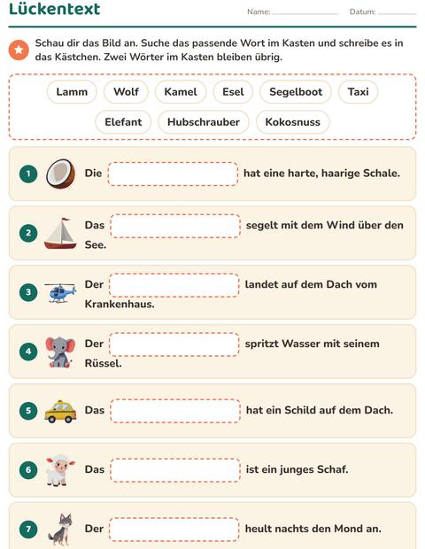 Vorschau: Lückentext-Arbeitsblatt für 1. Klasse