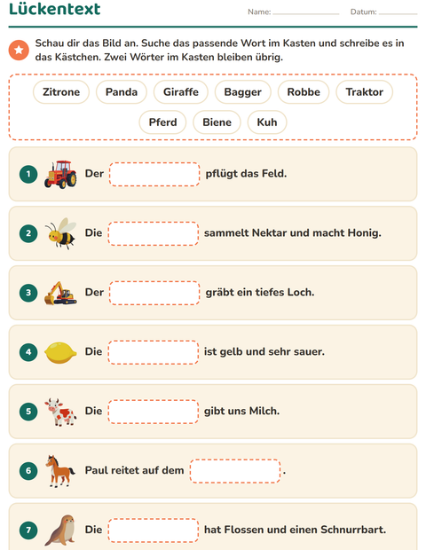 Vorschau: Lückentext-Arbeitsblatt für 1. Klasse