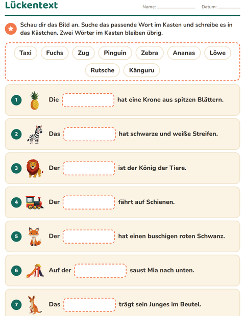 Vorschau: Lückentext-Arbeitsblatt für 1. Klasse