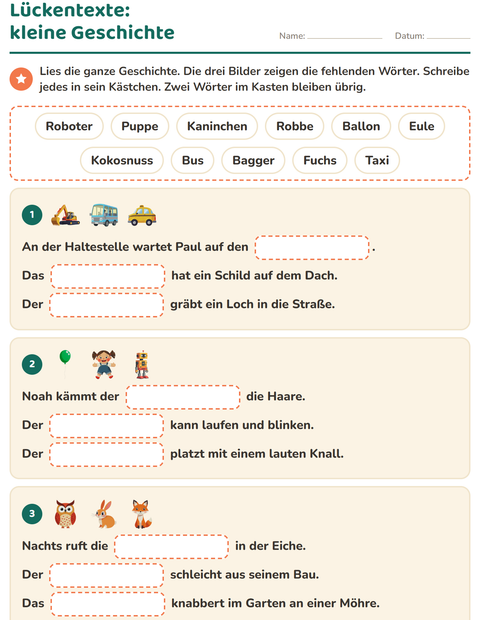 Vorschau: Lückentext-Arbeitsblatt für 2. Klasse
