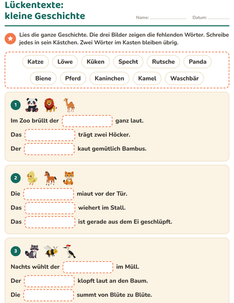 Vorschau: Lückentext-Arbeitsblatt für 2. Klasse