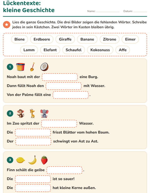 Vorschau: Lückentext-Arbeitsblatt für 2. Klasse