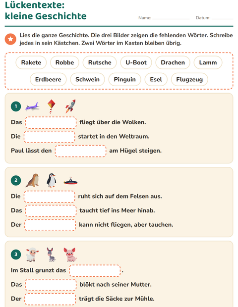 Vorschau: Lückentext-Arbeitsblatt für 2. Klasse