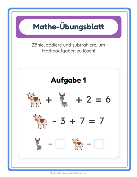 Vorschau: Mathe-Arbeitsblatt-Arbeitsblatt mit Bauernhoftiere für Kindergarten