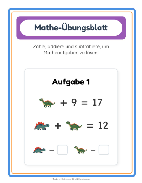 Vorschau: Mathe-Arbeitsblatt-Arbeitsblatt mit Dinosaurier für Kindergarten