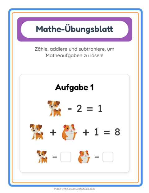 Vorschau: Mathe-Arbeitsblatt-Arbeitsblatt mit Haustiere für Kindergarten