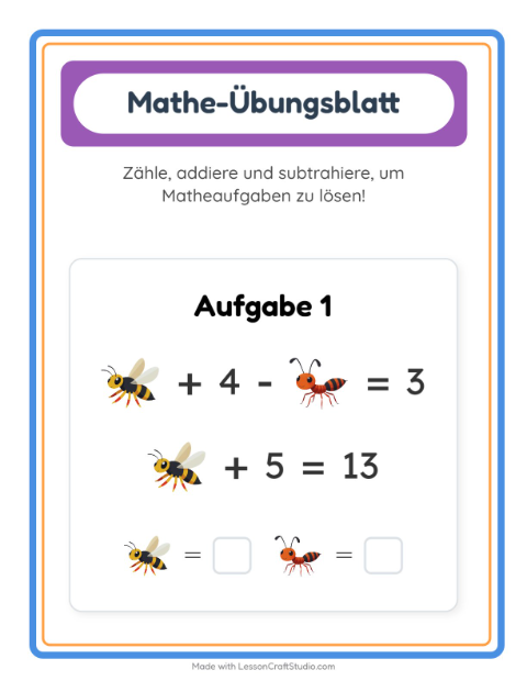 Vorschau: Mathe-Arbeitsblatt-Arbeitsblatt mit Insekten und Käfer für Kindergarten