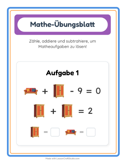 Vorschau: Mathe-Arbeitsblatt-Arbeitsblatt mit Möbel für Kindergarten