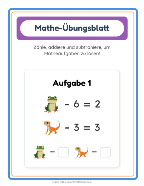 Vorschau: Mathe-Arbeitsblatt-Arbeitsblatt mit Reptilien und Amphibien für Kindergarten