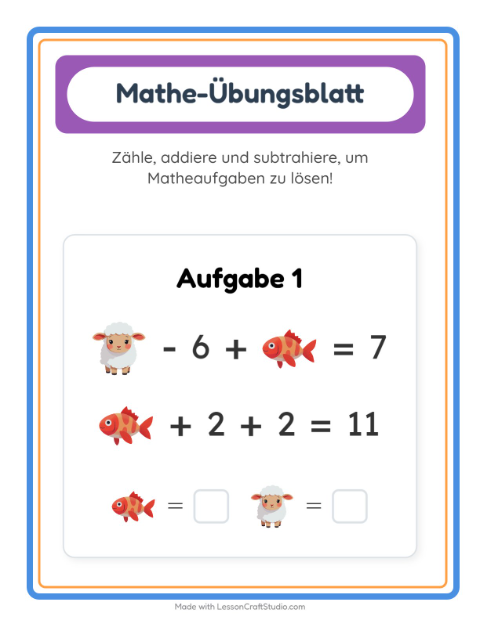 Vorschau: Mathe-Arbeitsblatt-Arbeitsblatt mit Tiere für Kindergarten