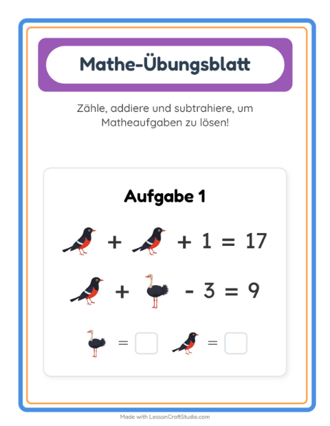 Vorschau: Mathe-Arbeitsblatt-Arbeitsblatt mit Vögel 2 für Kindergarten
