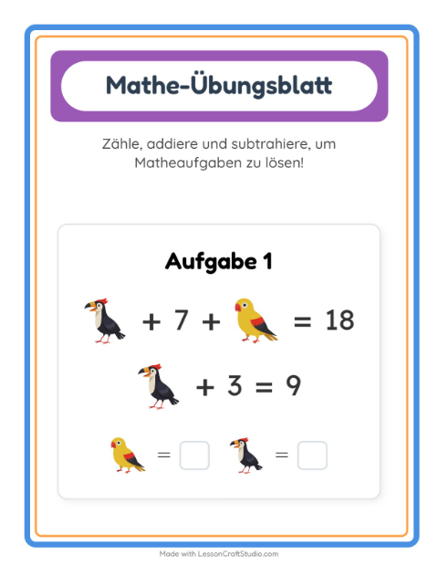Vorschau: Mathe-Arbeitsblatt-Arbeitsblatt mit Vögel für Kindergarten