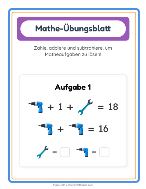 Vorschau: Mathe-Arbeitsblatt-Arbeitsblatt mit Werkzeuge für Kindergarten