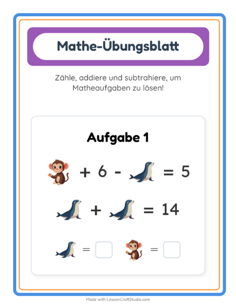Vorschau: Mathe-Arbeitsblatt-Arbeitsblatt mit Zootiere für Kindergarten