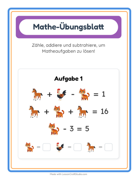 Vorschau: Mathe-Arbeitsblatt-Arbeitsblatt mit Bauernhoftiere für Kindergarten