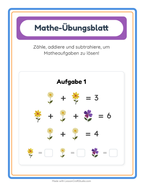 Vorschau: Mathe-Arbeitsblatt-Arbeitsblatt mit Blumen für Kindergarten