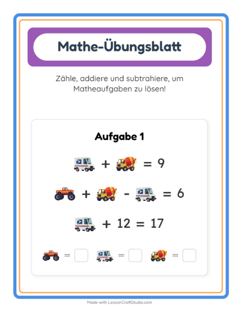 Vorschau: Mathe-Arbeitsblatt-Arbeitsblatt mit Fahrzeuge für Kindergarten