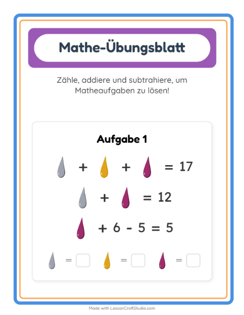 Vorschau: Plus und Minus mit Farben — jedes Bild ist eine Zahl — Arbeitsblatt für die 2. Klasse